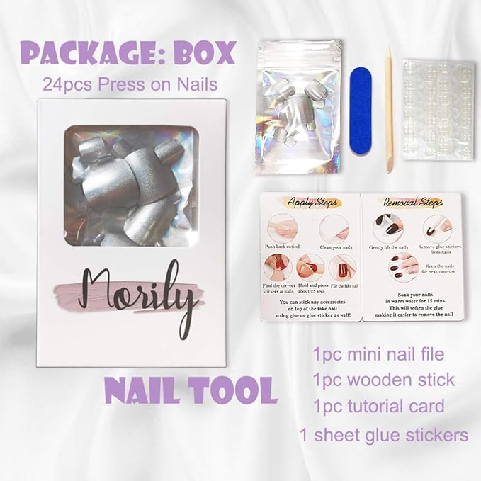 Morily 24pcs Fake Nails Pink White Glossy Medium Long Stiletto Almond Press on Nail False Tips Artificial Finger Manicure for Women (French)
