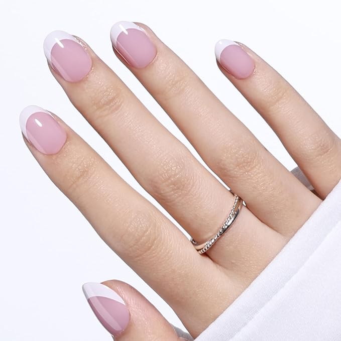White French Tip Press On Nails Oval - Short Oval Fake Nails, White French Tip Press On Nails Reusable Stick On Nails in 16 Sizes, 32pcs False Nail Kit for Women & Girls