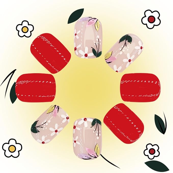 Flower Press on Nails Short Square Fake Nails Red False Nails Press ons with Floral Designs Spring Acrylic Nails Full Cover Glue on Nails Artificial Stick on Nails for Women Manicure 24Pcs