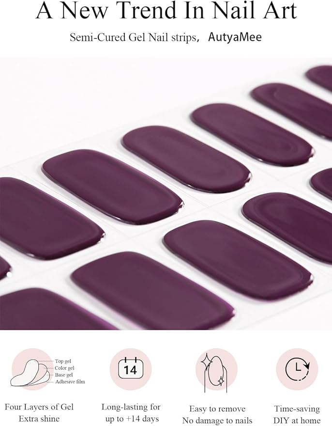 Semi Cured Gel Nail Strips (Eggplant), 20 Pcs Gel Nail Wraps, Stickers, Fall, UV Light Required, Salon Quality