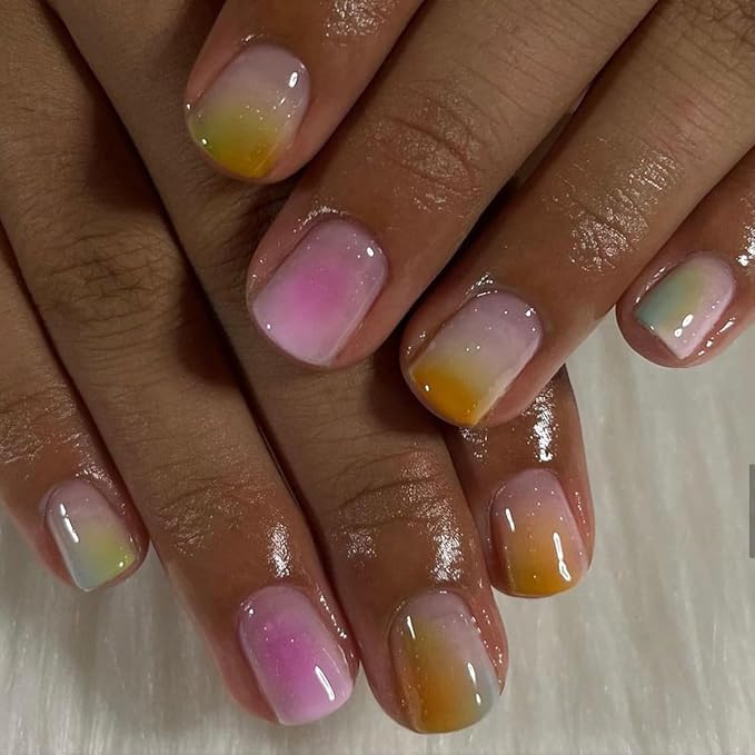 Aura Press on Nails Short Square Fake Nails Colorful Ombre False Nails Press ons with Blooming Design Reusable Artificial Nails Full Cover Glue on Nails Stick on Nails for Women Manicure 24 Pcs