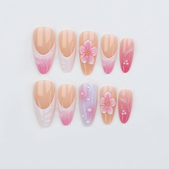 Press on Nails Medium Almond, Pink Fake Nails with 5D Flower Design, Glossy Ombre Glue on Nail, Water Ripple French Tips Nails Press ons, Reusable Pearl Acrylic Nail for Women Manicure