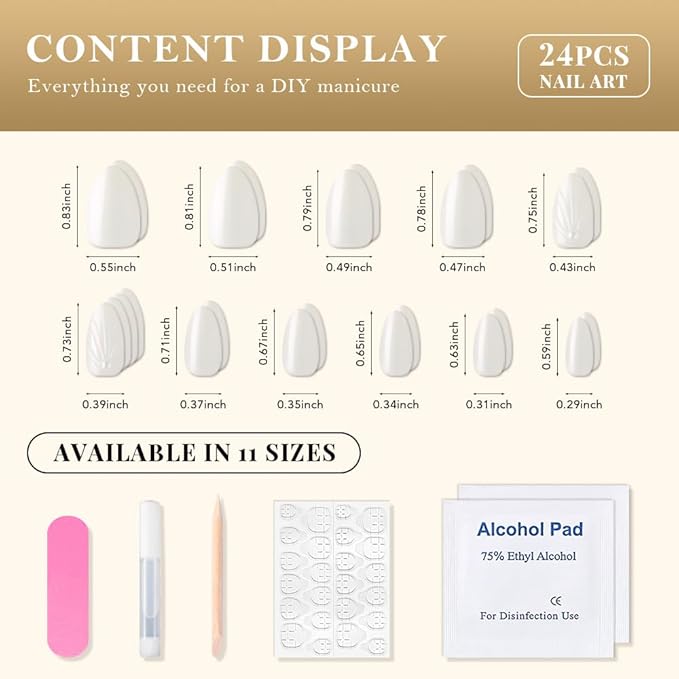 evpct Chrome Press on Nails Short Almond, Glazed Aurora White Holographic Glossy Acrylic Soft Gel Fake Nails Kit with 3D Shell Pearl Designs, Stick on Nails with Nail Kit, Reusable Stick on Nail Kit