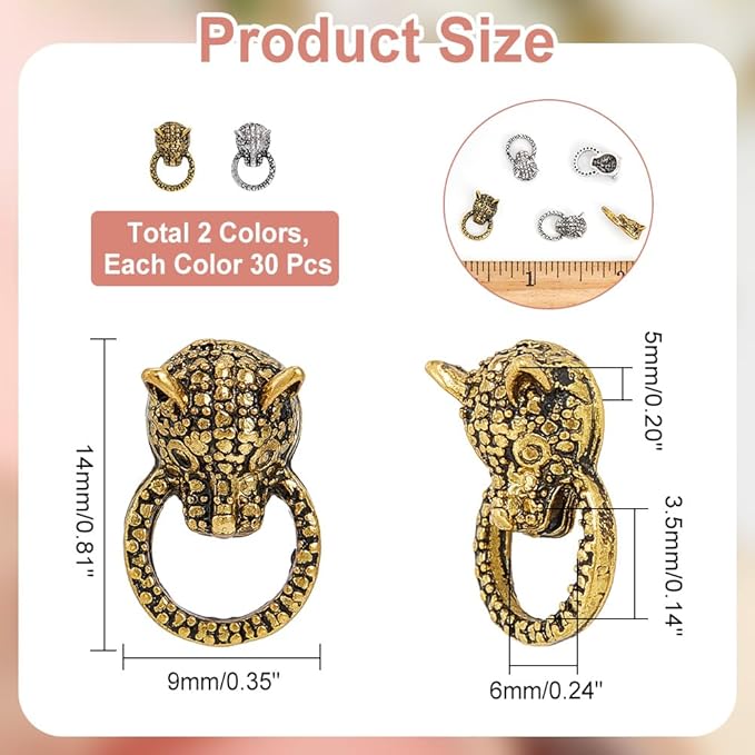 60Pcs 2 Colors Leopard Head Alloy Cabochons Feline Animal Theme Nail Art Charms Pull Ring Design Manicure Jewels Retro Wild Style Nail Art Decorations for Nail Art Supplies