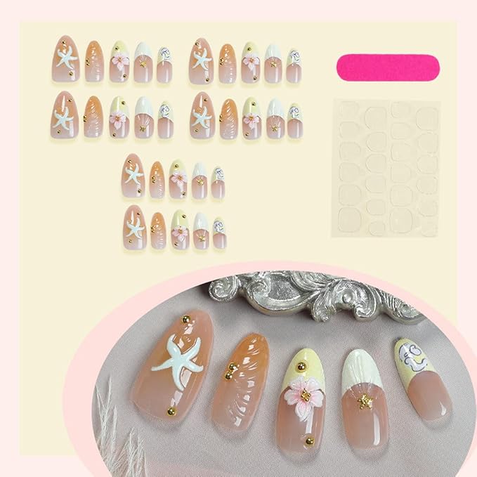 Summer Press on Nails Medium Almond Fake Nails Beach Nails Press ons with Flower,Starfish Design Full Cover Stick on Nails for Women Manicure,Reusable | Nail Sticky Tabs | Easy Apply | 24Pcs