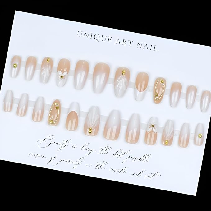 Flower Press on Nails Medium Almond Fake Nails White Nails Press Ons French Tip False Nails with Pearl Design Glossy Glue on Nails Gradient Stick On Nails for Women Decorations Set 24Pcs
