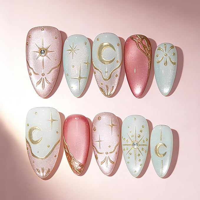 30Pcs Almond Press on Nails Medium French Tip Fake Nails with Moon Star Rhinestone Design Bohemian Artificial Acrylic Nails Full Cover Glitter Pink False Nails 3D Gold Chrome Glue on Nails for Women
