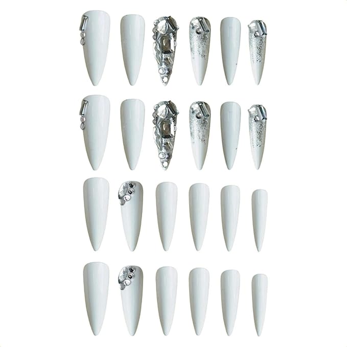 xl White Press on Nails Long Almond Tip Nails Press Ons Full Diamond Design False Nails Full Cover Acrylic Fake Nails Gift for Wemons 24pcs
