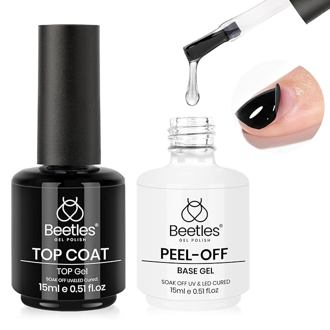 Beetles Peel Off Base Coat and Top Coat Gel Nail Polish Set, 2Pcs 15ml Peelable Base Gel and Top Coat Easy Removal, UV LED Lamp Peel off Nail Polish without Damage for Beginners Weak Thin Nails