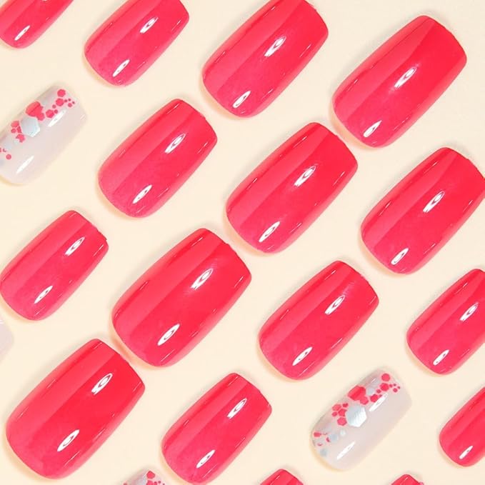 Rose Red Short Press on Nails Square Fake Nails with Designs Full Cover Glossy False Nails Artificial Acrylic Nail Press ons Reusable Short Nails Pink Glue on Nail for Women Manicure Kit 24Pcs