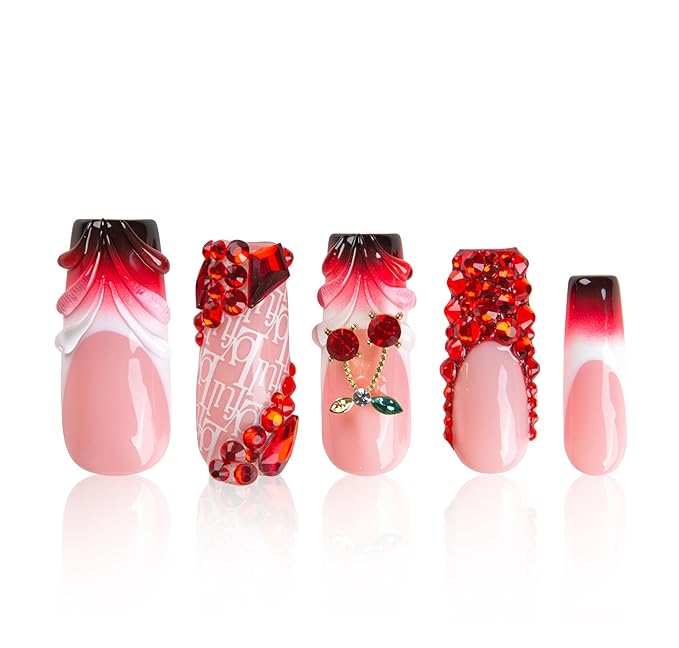 LOVFUL Short French Tip Press on Nails Cherry Obsession | Handmade Acrylic Press ons| Reusable Fake False Nails | Square Classic Regular 1.3in | H759-S