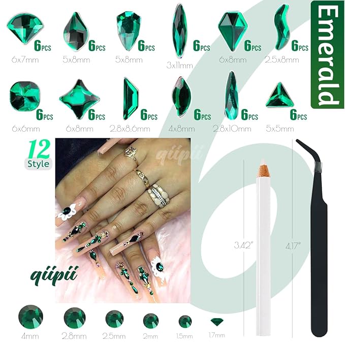 Green Nail Rhinestones Multi Shapes Emerald Green Rhinestones for Nails Flatback Nail Big Gems K9 Glass Round Beads Stones Diamonds Nail Charms Art for Nails Faces Eyes Crafts DIY