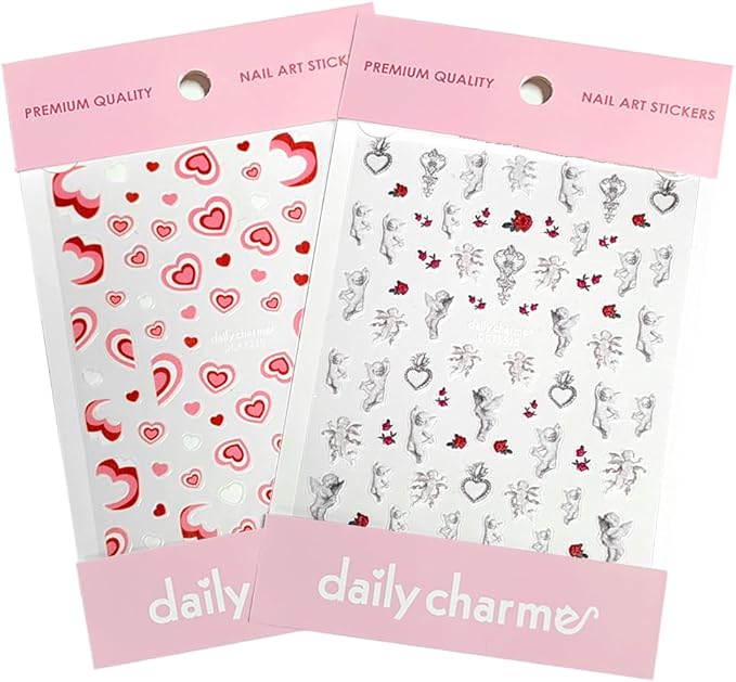 Daily Charme Self-Adhesive Nail Sticker Bundle Cupid Nail Art Stickers Decals Rose Flowers Love Heart Cupid Nail Art Design Stickers Valentine's Day Nail Decorations for Women DIY Manicure