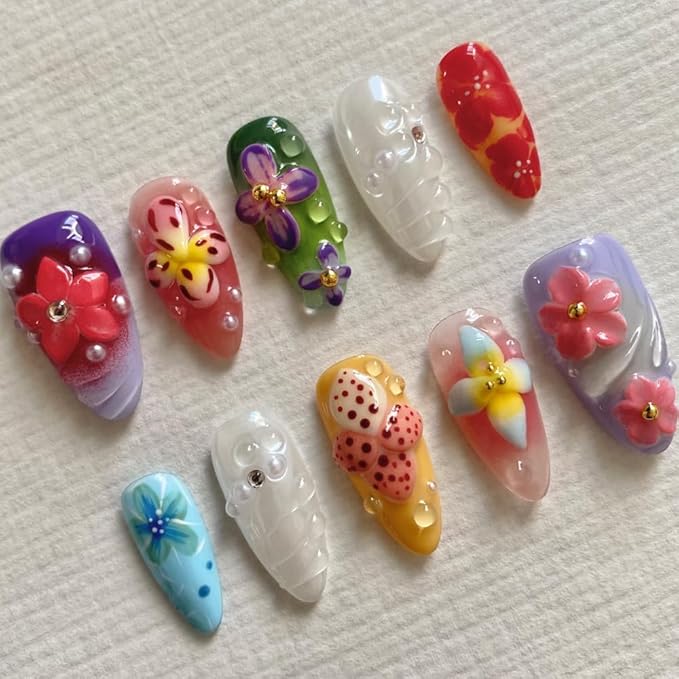 Medium Almond Handmade Unique Fake Nails, Artistic Design, Press On Nails Thick Acrylic and Muti-Layer Gel False Nails, Reusable 3D Fake Nails,DIY Art Decorate-M size