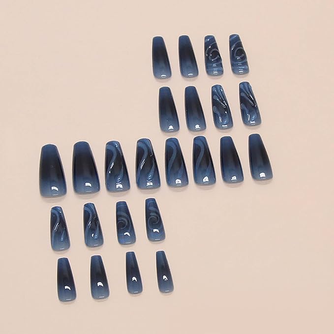 RTKHFZE Coffin Press on Nails Long Length,Ocean Blue Fake Nails with Stripes Design Ombre False Glue on Nails Winter Nails for Holiday/Christmas Gift for Women