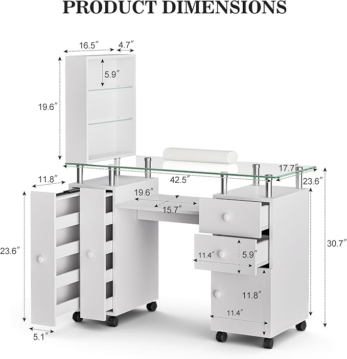 Paddie Manicure Table Nail Tech Table, Glass Top Nail Desk Station for Nail Tech w/Shelves & Wrist Cushion, Acetone Resistant Beauty Salon Workstation w/Lockable Wheels(White)