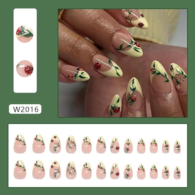 Yellow French Tip Press on Nails Almond Fake Nails with Ladybug Green Leaves Design Short False Nail Press ons Reusable Artificial Nail Glossy Full Cover Stick on Nails for Women Manicure 24 Pcs