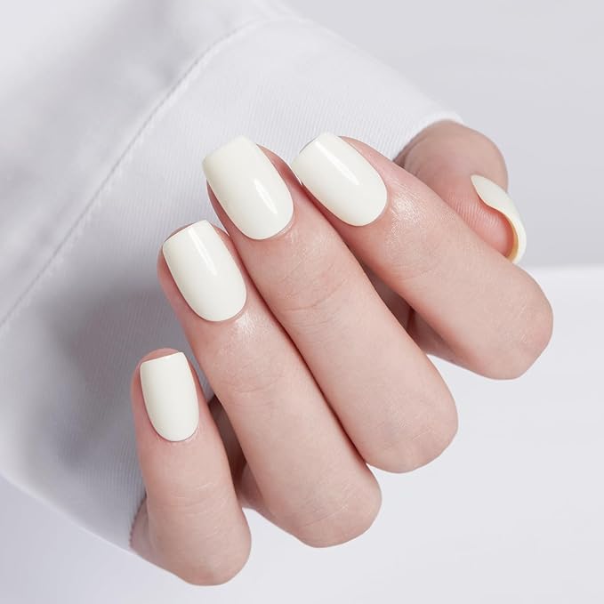 Modelones Milky White Press on Nails, Spring Short Square Fake Nails, Reusable Nail Kit with Nail Glue Adhesive Tabs Mini Nail File, Nails Press Ons 32Pcs16 Sizes, Women Girl Gift