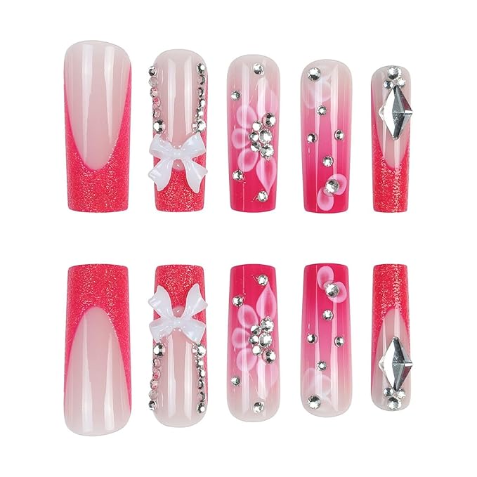 Pink French Tip Press on Nails Long Square Fake Nails 3D Bow Rhinestone Design Full Cover Glossy Glue on Nails for Women 24PCS