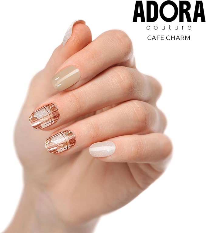 Semi-Cured Gel Nail Strips - 20 Salon-Quality Gel Sticker with UV Light Required, Long Lasting, Easy Application & Removal, Includes Prep Pad, Nail File, Wooden Stick – Cafe Charm