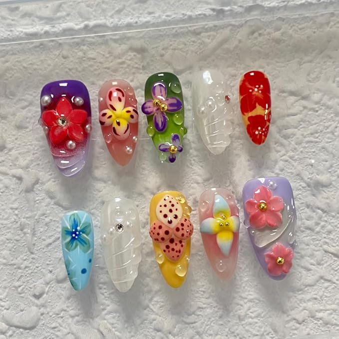 Press On Nails - Short Coffin Handmade Unique Fake Nails, Artistic Design, Thick Acrylic and Muti-Layer Gel False Nails, Reusable UV Gel Cured Sturdier 3D Fake Nails,DIY Art Decorate