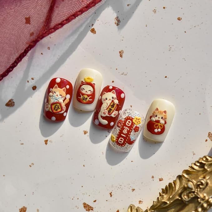 5D Embossed Lucky Cat Nail Sticker Nail Art Decals for Spring Festival Chinese New Year Lion Characters Manicure Nail Supplies (Lucky)