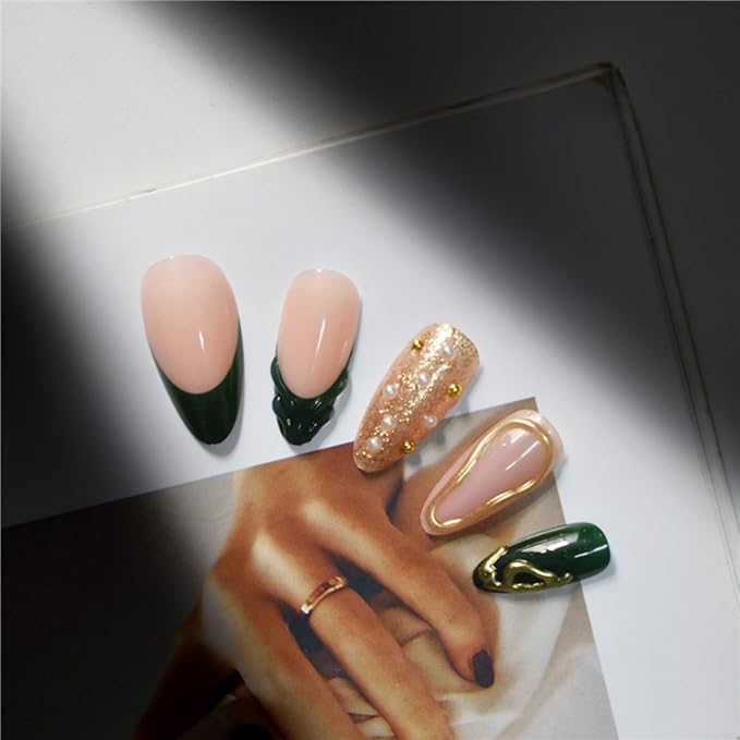 Short Press on Nails Almond Fake Nails French False Nails Green Artificial Nails with Gold Charm Designs Acrylic Nails Press ons Sparkly Stick on Nails for Women 24pcs