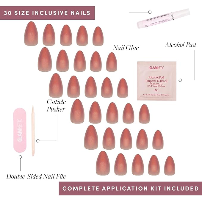 Glamnetic Press On Nails - Rose Fake Nails | Short Almond Rosy-Pink Nails with a Mesmerizing Metallic Finish | 15 Sizes - 30 Nail Kit with Glue