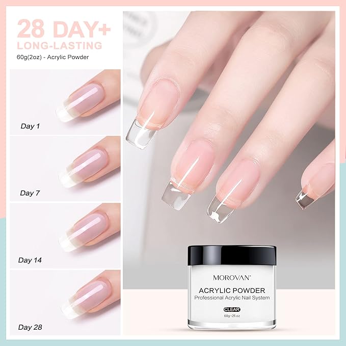 Morovan Acrylic Nail Powder Set: 4 Colors Clear Nude Pink White Acrylic Powder for Nail Extension Carving