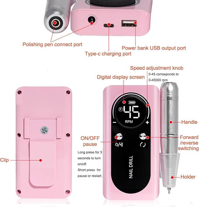 Electric 45000RPM Nail Drill Machine Rechargeable Portable Nail File Electric DIY Nail Drill Kit with Smart LCD Screen for Gel Nail Manicure and Pedicure Reflective Body etc(Multicolor)