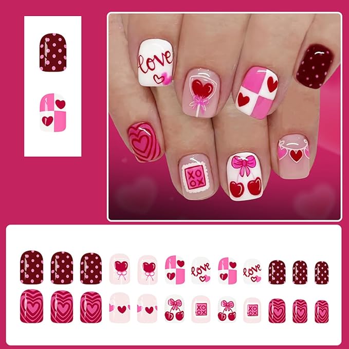 24Pcs Valentines Press on Nails Short Square Fake Nails Pink Heart Acrylic Nails with Love Letter Cherry Romantic Stick on Nail Love Heart False Nails Valentines Glue on Nails Decoration for Women DIY