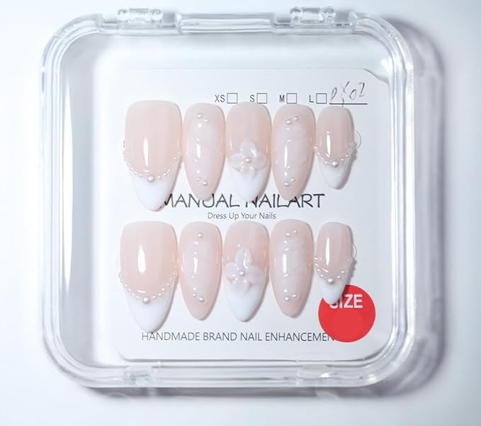 10 Medium Almond Handmade Press On Nails | Light Nude Pink French White Tip Fake Nails with Pearl, 3D Floral & Soft Swirl Accents | Skip Salon Trips, Easy to Apply & Remove, Reusable (251217, S)