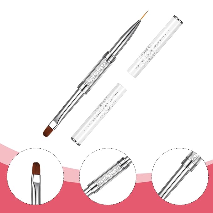 2PCS Double Ended Nail Builder Gel Brush French Tip Brush Hard Gel Brushes Nail Liner Brush Rhinestone Handle Nails Art Brushes for Nails Design Professional NailArt