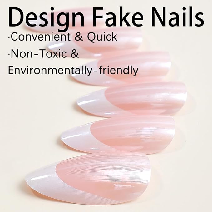 French Tip Press on Nails Medium Almond Fake Nails Press ons with Designs Chrome False Nails Glossy Full Cover Glue on Nails Shiny Acrylic Stick on Nail for Women Nail Decoration 24Pcs