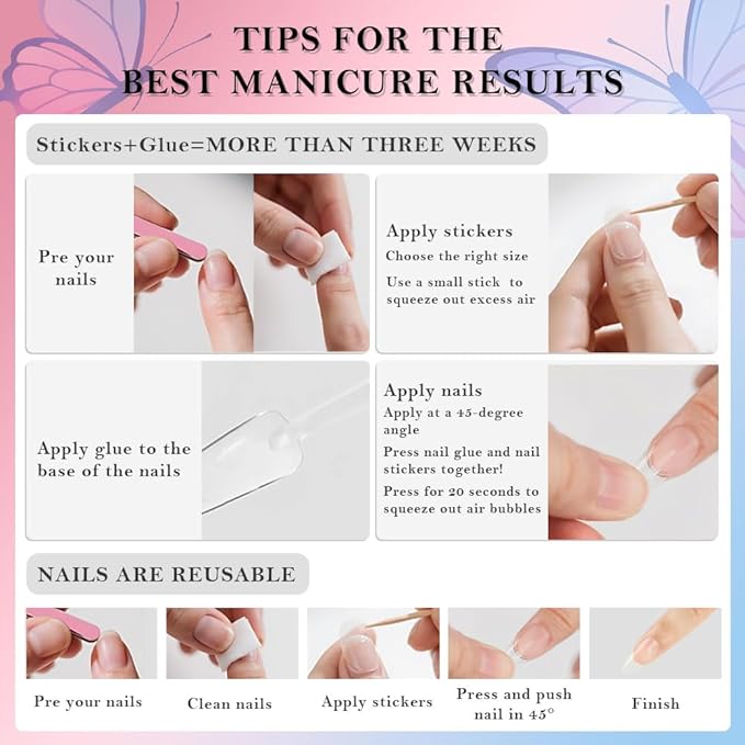 3D Press on Nails Medium Almond with Butterfly Floral Design, Nude Blue Neon French Nail Press ons Glossy Stick on Nails for Women Reusable with Kit, Stick on Cute Fake Nail with Designs Perfectly Fit
