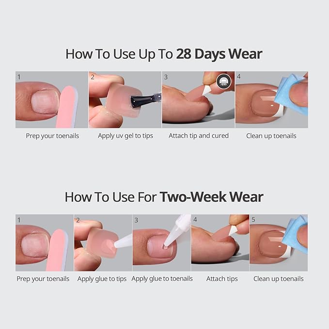 BTArtbox Press On Toenails - Lamp-Curable Sharp Square Toe Nail Press Ons with Glue for Women, Semi-Transparent Fake Toe Nail Tips with French Tip in 15 Sizes - 30 Toenails Kit, Exude Elegance