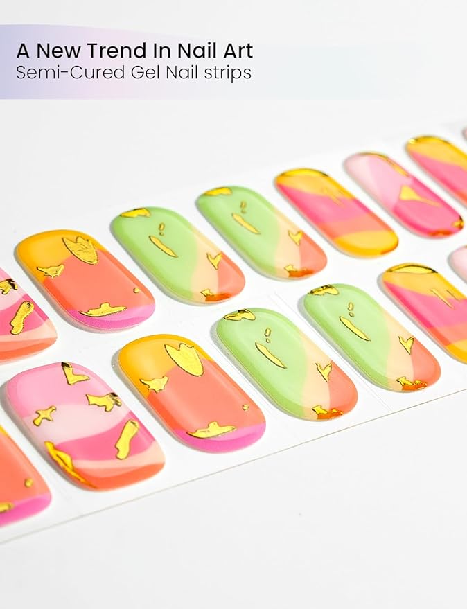 Semi Cured Gel Nail Strips | Built-In Gel Top Coat | UV Light Required | Salon Quality, Easy Application And Removal (Gilded Tropical）