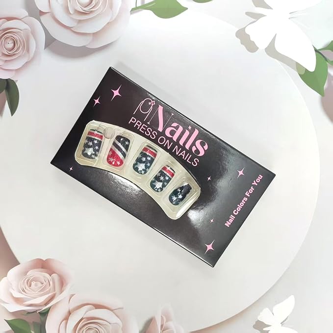 24Pcs Short Press on Nails Independence Day Nails Press ons Square Fake Nails with Glitter & Stripe Designs Full Cover Stick on Nails Patriotic False Nails for Women 4th of July