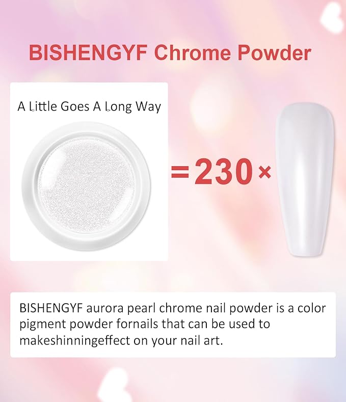 Pearl Chrome Nail Powder BISHENGYF -【Metallic Mirror Effect】Magic Mirror Silver Chrome Nail Powder White Aurora Mermaid Iridescent Nail Chrome Powder Glitter Pigment Dust For Nail Art Decroation DIY