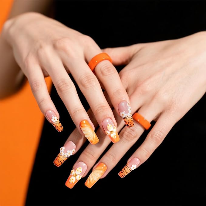 Handmade Square Press on Nails – Orange Ombre Nails with 3D Polka Dot Flowers & Tiger Stripes, Glossy Reusable Stick on Fake Nails for Women, 10pcs Acrylic Nail Set with Tool Kit