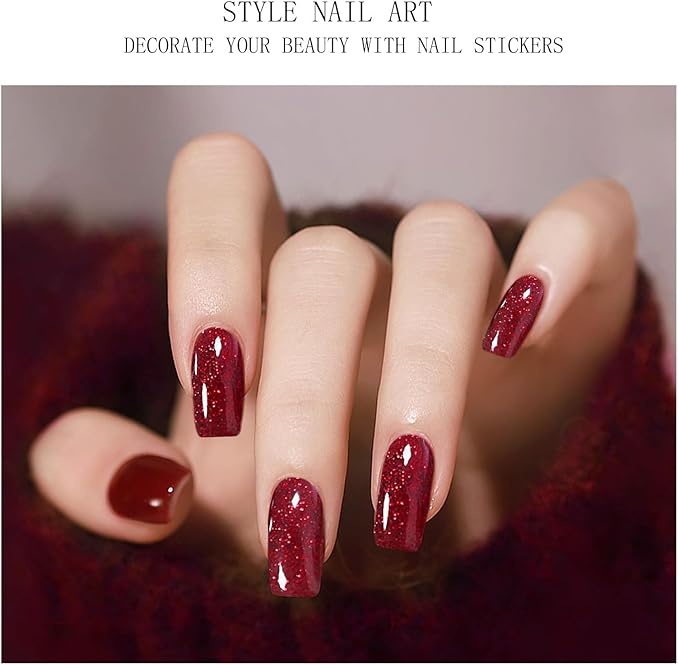 JMEOWIO Gel Nail Stickers Dark Red Glitter Christmas Semi Cured Gel Nail Strips Wraps UV/LED Nails Art Design Decoration Accessories