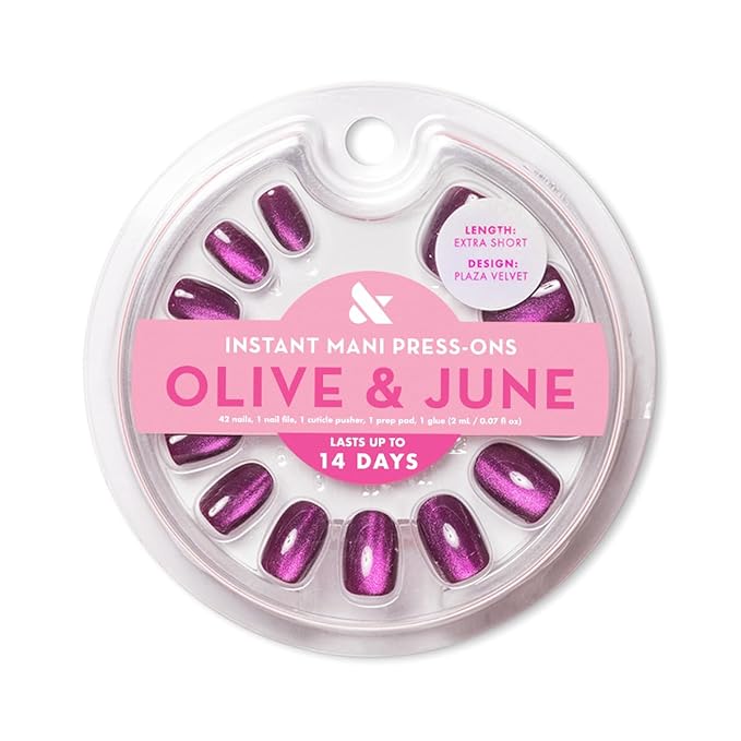 Olive & June Instant Mani Press-On Nails (Glue) | 42 Fake Nails, 21 Sizes | Non-Toxic, Long-Lasting Recycled Materials Realistic Look | Salon-Quality at Home | Extra Short, Round | Plaza Velvet