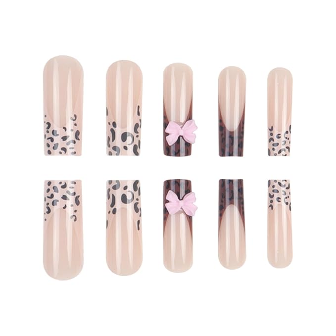 Long Square Press on Nails Fake Nails Artificial Nail Stick on Nail for Women Black White Leopard Print with Cute Pastel Pink Bow Knots Design