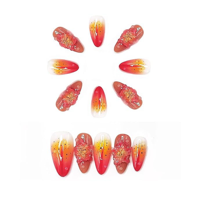 Gradient Medium Almond Press on Nails with 3D Pink Flower Embossed Fake Nails Muti-Layer Gel Handmade Press on Nails Thick Fake Nails Glossy Acrylic Nails for Women Nail Art Manicure (Size S)
