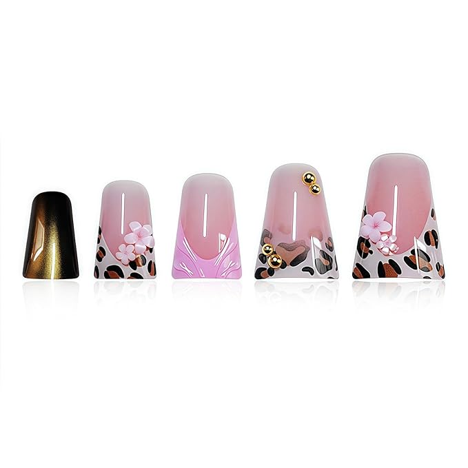 Leopard Print Press on Nails French Tip Fake Nails Duck False Nail with Flower Design Glossy Full Cover Artificial Acrylic Nail Bronze Stick on Nail for Women Manicure 24Pcs