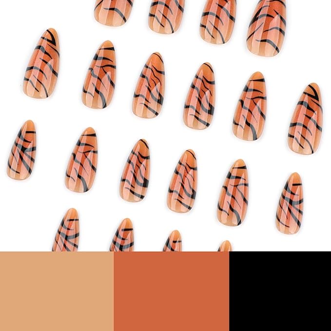 Tiger Print Press on Nails Medium Almond Fake Nails Cat Eye Nails Press ons with Design Full Cover Stick on Nails for Women Manicure,Reusable | Nail Sticky Tabs | Easy Apply | 24Pcs