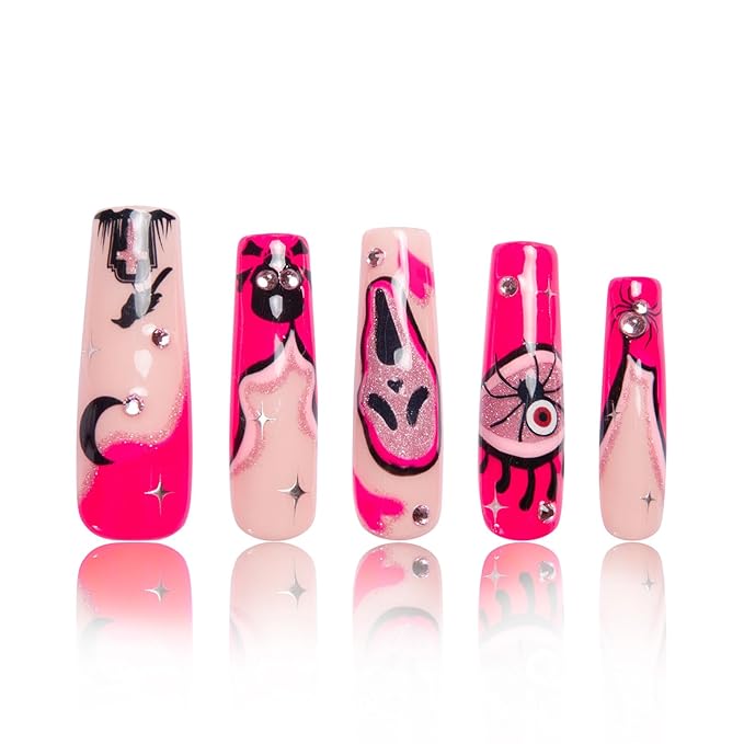 LOVFUL Press on Nails Pink Scream| Handmade with Full Covered Crystals| Reusable Fake Nails| Square Mid length 1.7in| H338-M