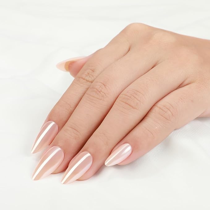Rnker Press On Nails - Cream Color, Almond Top gel Nails with a Glossy Glaze Finish, 15 Sizes - 30 Nail Kit with Glue