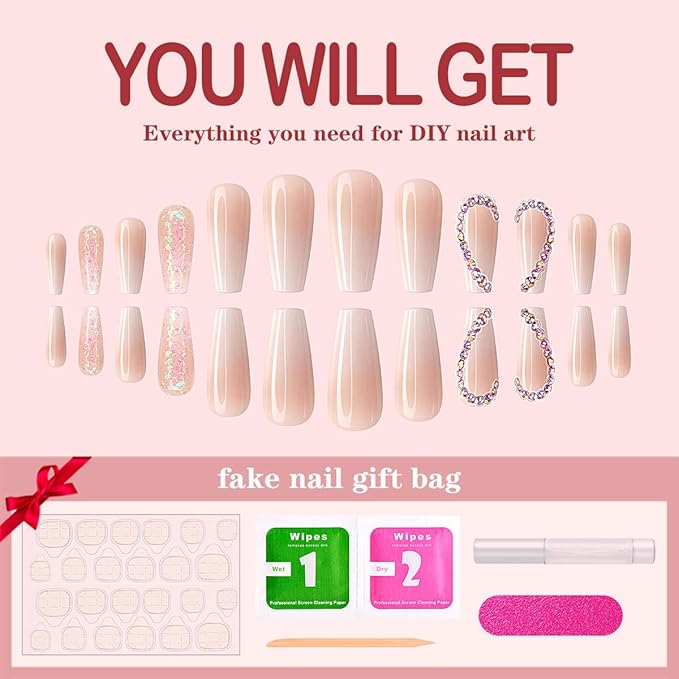 Yivaiks Rhinestone Press on Nails Pink Medium Length Stick on Nails for Women Glitter Artificial Acrylic Press on Fake Nails 24pcs