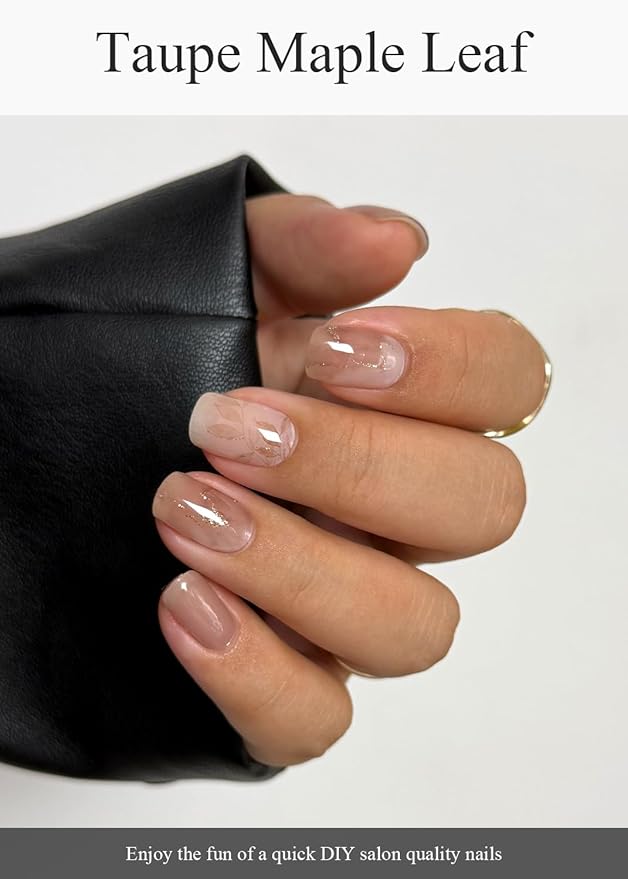 Semi Cured Gel Nail Strips (Taupe Maple Leaf), 20 Pcs Gel Nail Wraps, Stickers, Salon Quality, Works With Any UV Lamps